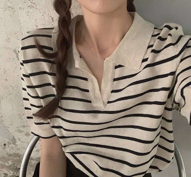 Wenkouban T-Shirts Women Tees Striped Vintage Office Lady Y2k Top V-Neck Summer Harajuku BF Classic Cropped Soft Streetwear Fashion Design - Deanwangkt