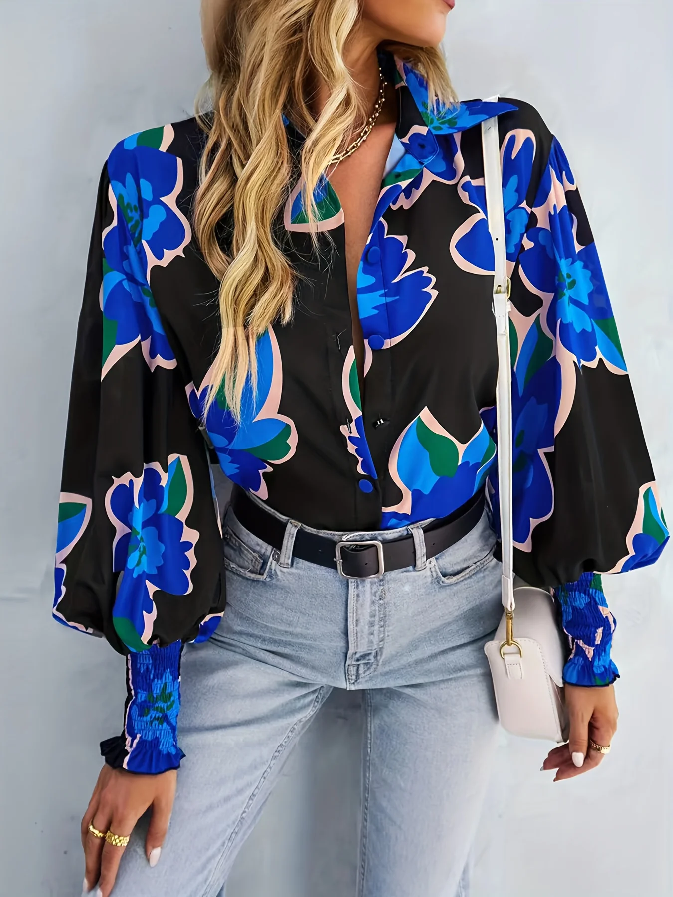 Plus Size Casual Blouse, Women's Plus Floral Print Button Up Lantern Sleeve Turn Down Collar Blouse - Deanwangkt