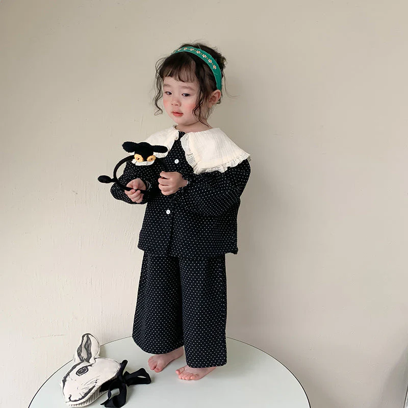 deanwangkt  Spring cute baby girl polka dot black outfits Girls fashion big turn-down collar shirt and wide leg pants 2pcs sets Kids clothes - Deanwangkt