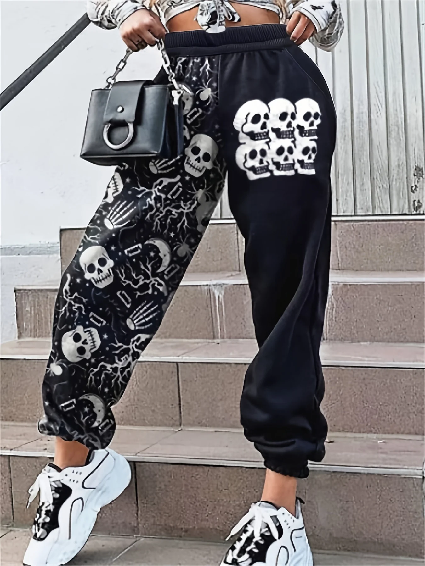 Plus Size Halloween Pants, Women's Plus Skull Print Medium Stretch Tapered Leg Pants - Deanwangkt