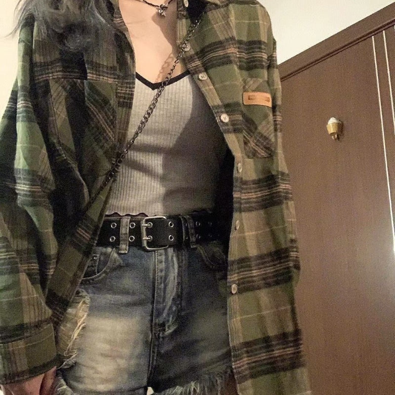 deanwangkt Harajuku Green Plaid Shirts Streetwear Women Vintage Long Sleeve Oversize Blouse Korean Fashion Aesthetic Clothes Female - Deanwangkt