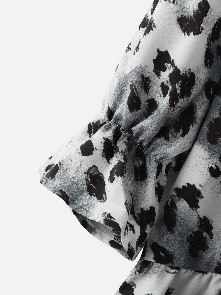 deanwangkt Leopard Print Stand Collar Long Sleeve Button Knotted Dress - Deanwangkt