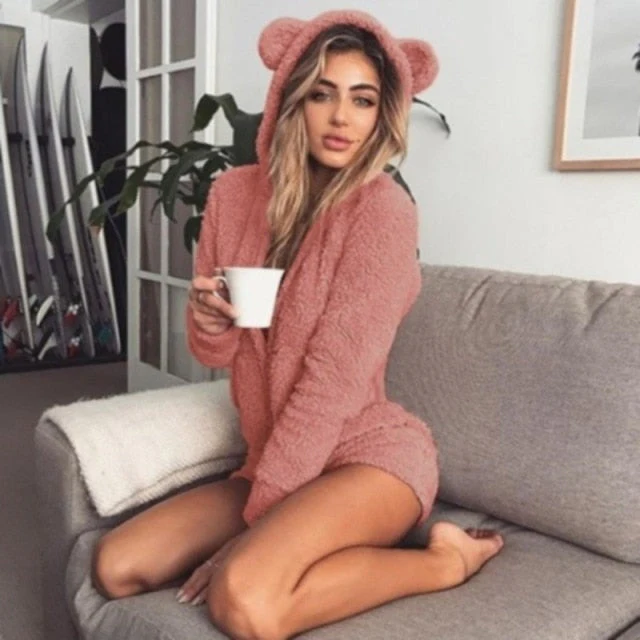 Winter Warm Pyjamas Women Onesies Fluffy Fleece Jumpsuits Sleepwear Overall Plus Size Hood Sets Pajamas For Women Adult - Deanwangkt