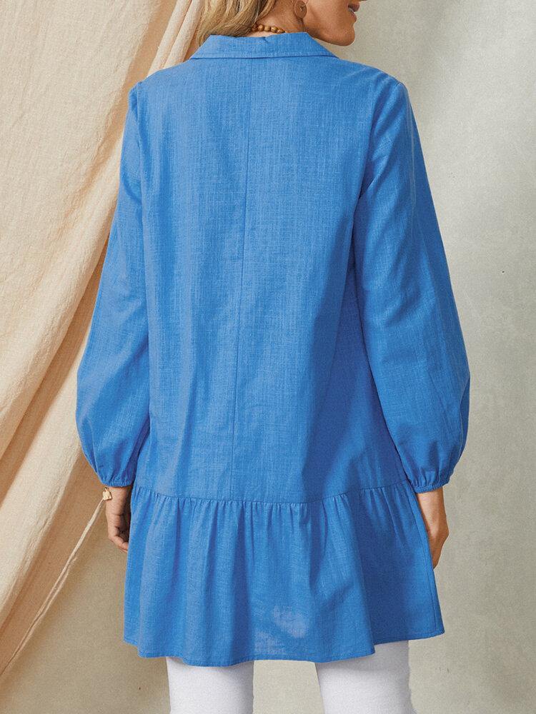 deanwangkt Puff Sleeve Lapel Pleated Stitching Elastic Cuffs Solid Daily Casual Cotton Blouse For Women - Deanwangkt