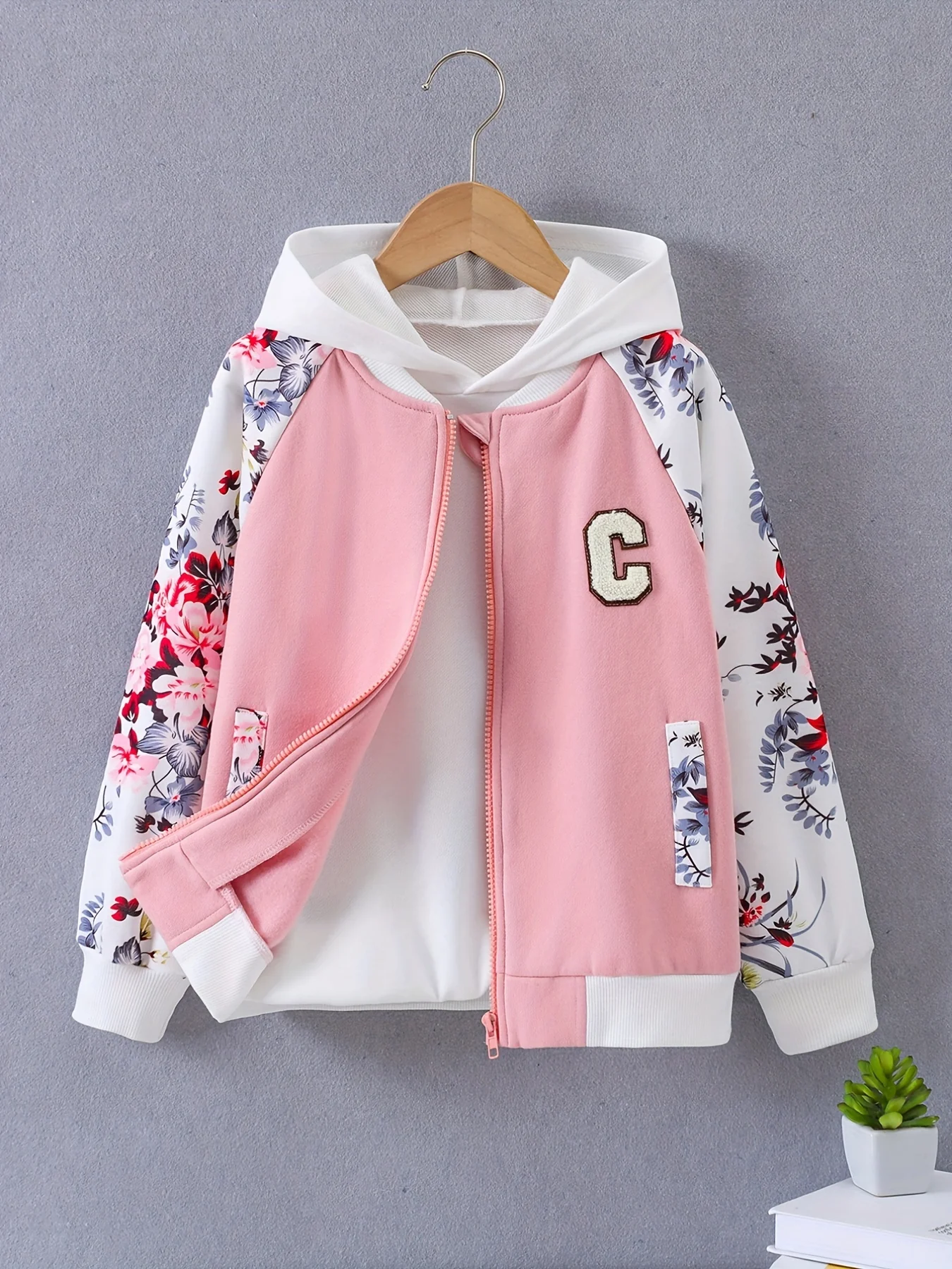 Girls Zip Jacket Floral Print Long Sleeve Fleece Warm Jacket Coat For Kids Teens Autumn And Winter - Deanwangkt