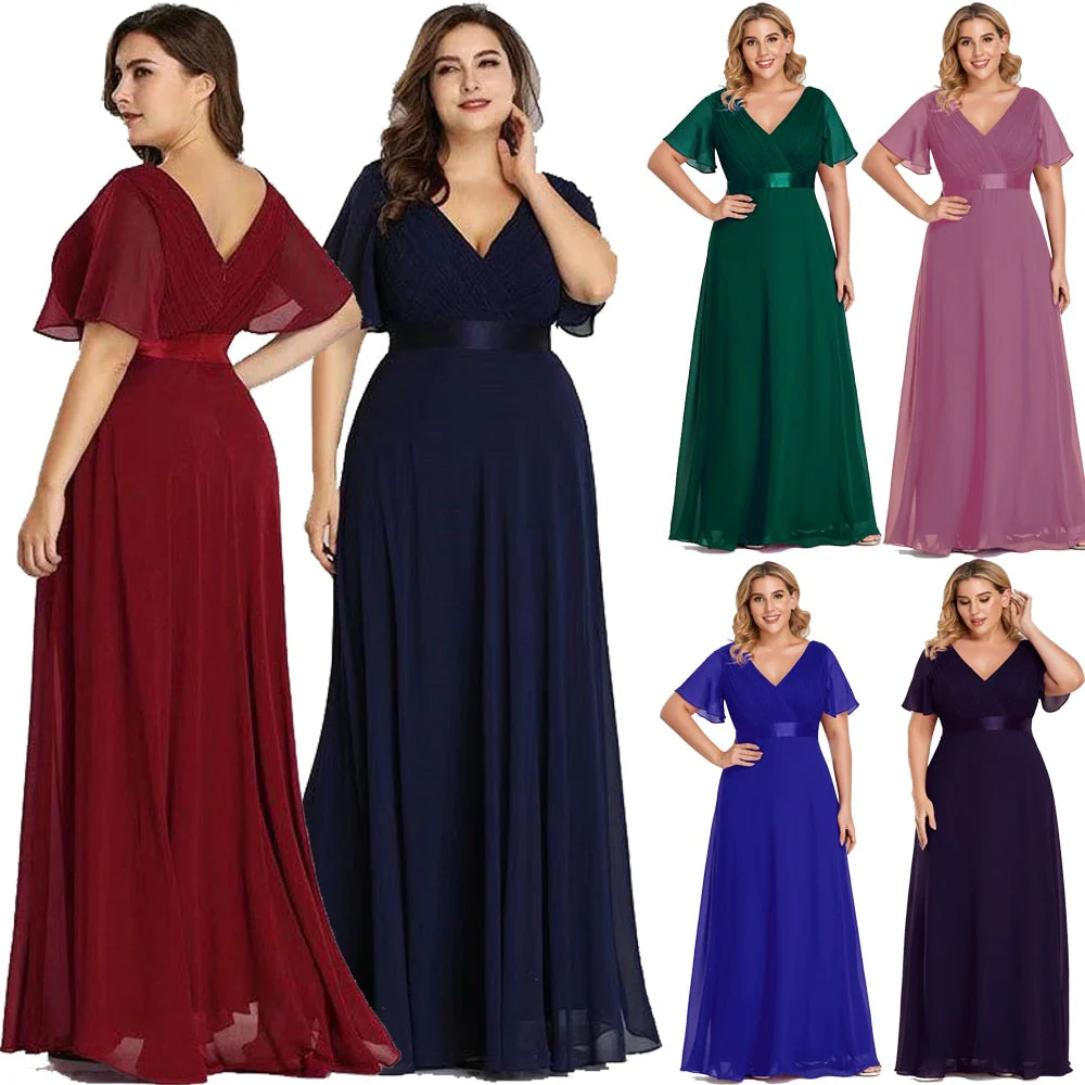 Plus Size Evening Dresses Long XUCTHHC Elegant A Line V Neck Ruffles Chiffon Formal Wedding Party Dress Robe De Soiree - Deanwangkt