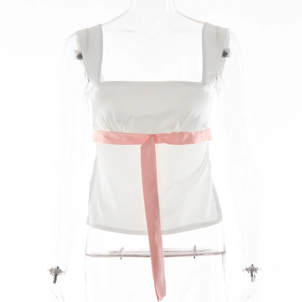 deanwangkt Sexy Hollow Out Satin Tank Tops Women Backless Bandage Summer Cropped Top Pink O-Neck Casual Streetwear Vest Tee - Deanwangkt