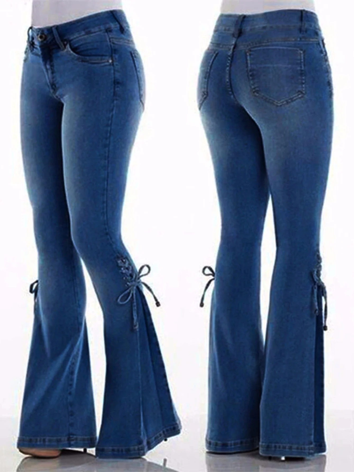 deanwangkt Laced Bell-Bottom Jeans, Stretchy Mid-Rise Boot Cut Flared Leg Jeans, Stylish Pants For Every Day, Coquette Aesthetic Fairy Core Style, Women's Clothing & Denim - Deanwangkt