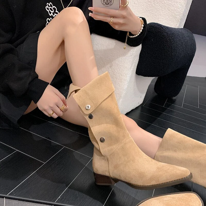 deanwangkt  fashion inspo    NEW Autumn Women's Boots Faux Suede Shoes for Women Square Toe Chunky Heel Black Boots Retro Long Boots Women Knee High Boots - Deanwangkt