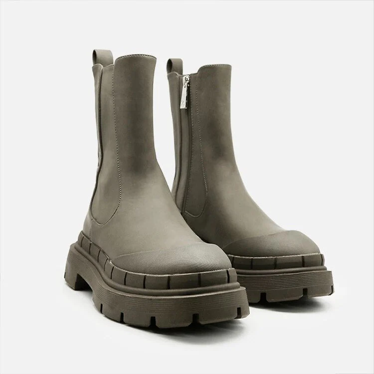 DEANWANGKT New Women's Ankle Boots Autumn Winter Chelsea Boots Pu Leather Zipper Chunky Heels Platform Fashion Ladies Shoes Long Boots - Deanwangkt