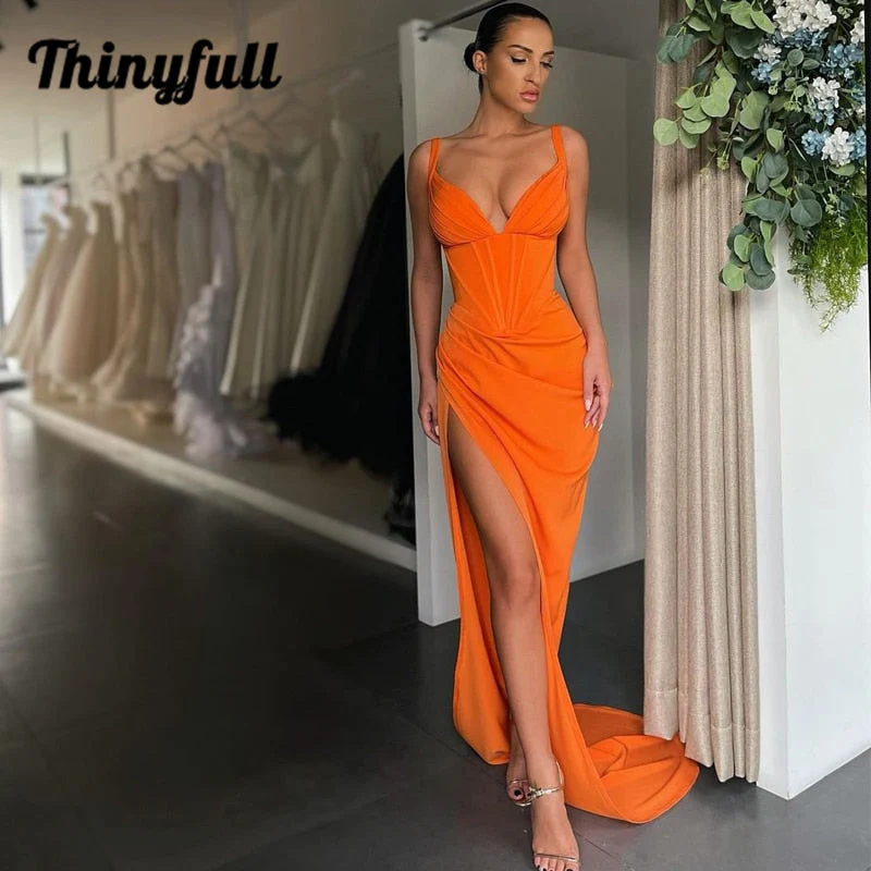 Graduation dress Sexy Prom Dresses  V-neck Satin High Split Evening Dress Saudi Arabia Mermaid Sleeveless Long Cocktail Party Gown - Deanwangkt