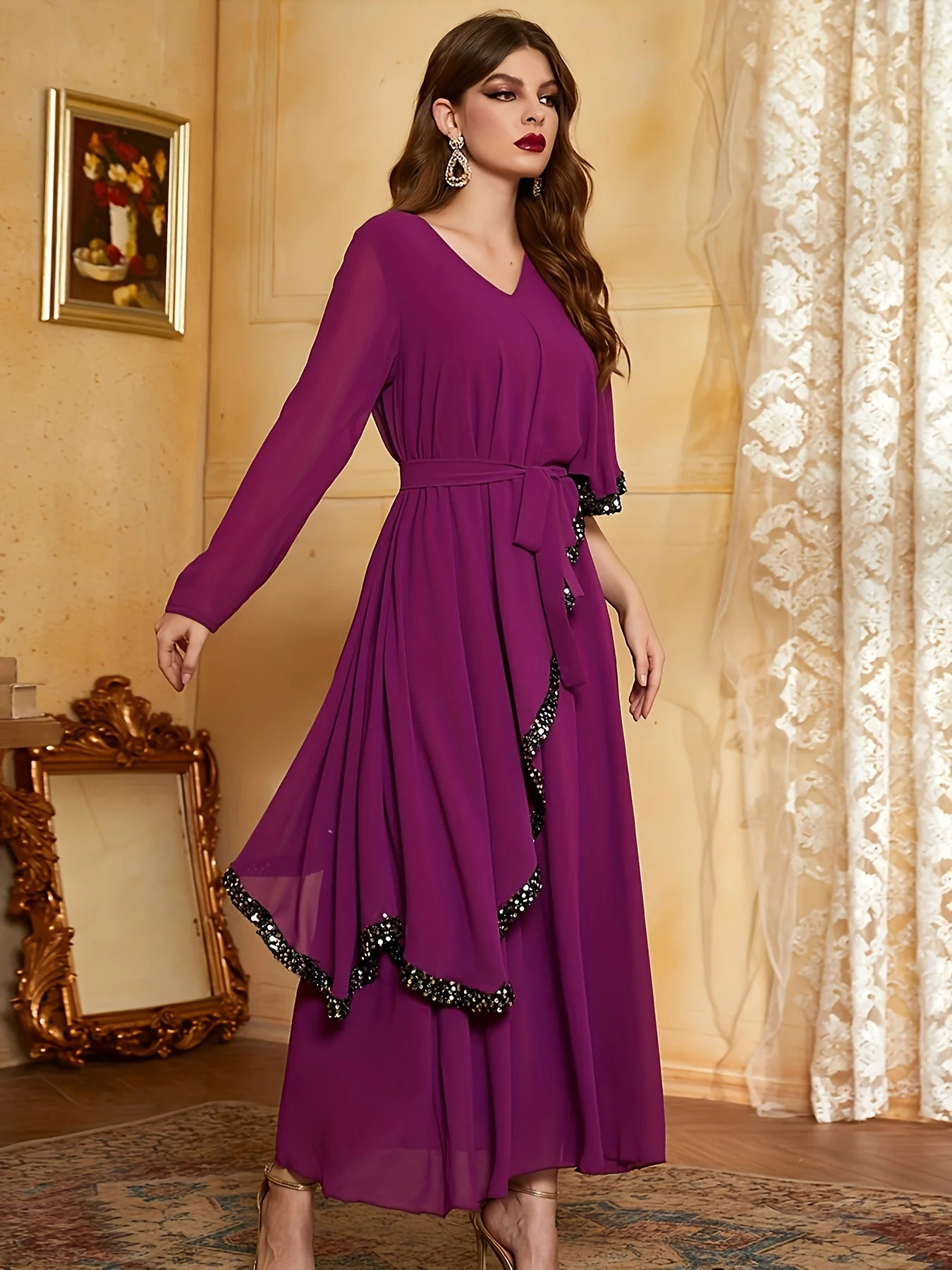 Contrast Trim Asymmetric Sleeve Dress, Elegant V Neck Tiered Dress For Party & Banquet, Women's Clothing - Deanwangkt