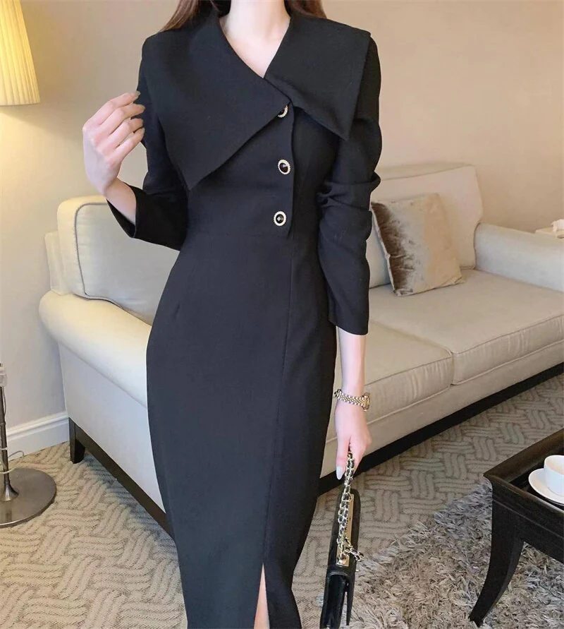 Joskka Fashion Solid Temperament Mid-Length Dress Korean Sweet Lapel Sexy Slim Hip Split Dress Women's  Fall Hoco Dress - Deanwangkt