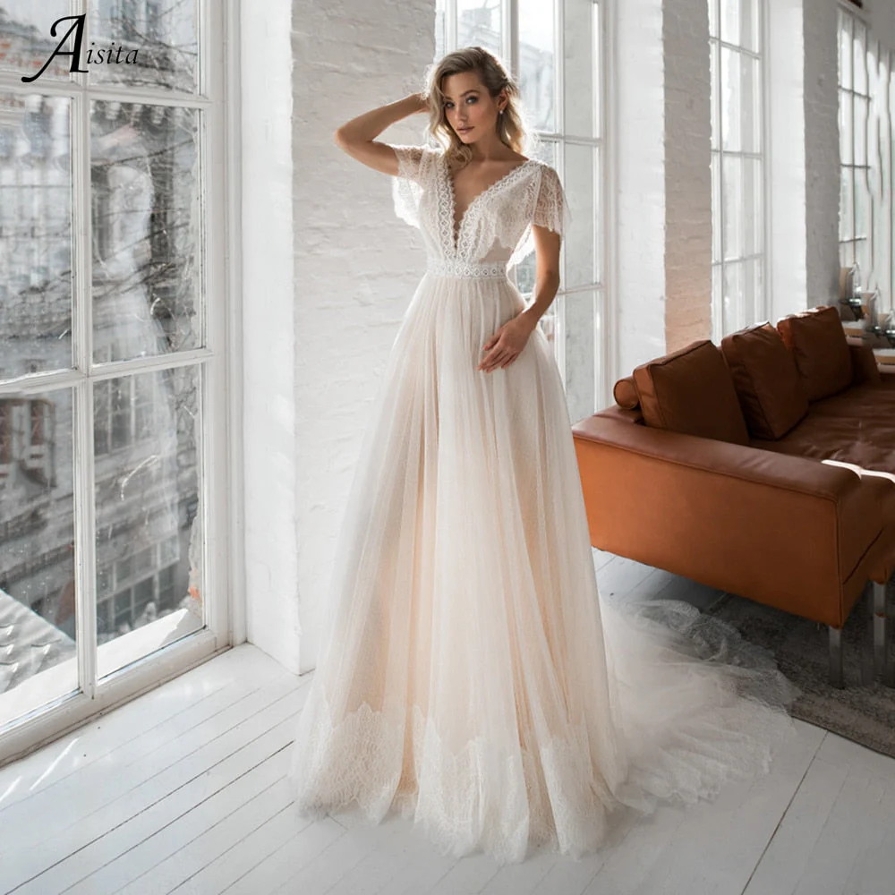 Bohemian Wedding Dresses  Lace Appliques V-neck Cap Sleeves Backless Tulle Sweep Train Beach Bridal Gowns Vestidos De Novia - Deanwangkt