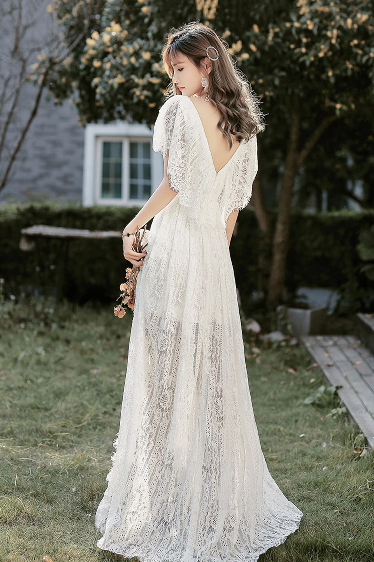 solvbao White V-Neck Lace High Low Prom Dress, White Evening Dress - Deanwangkt