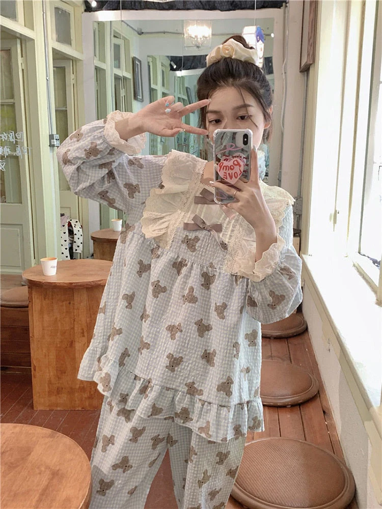 Cartoon Bear Print Lace Cute Sleepwear Sweet Home Long Sleeve Pajama Set Women Girlish Style Princess Loose Casual Sleep Tops - Deanwangkt