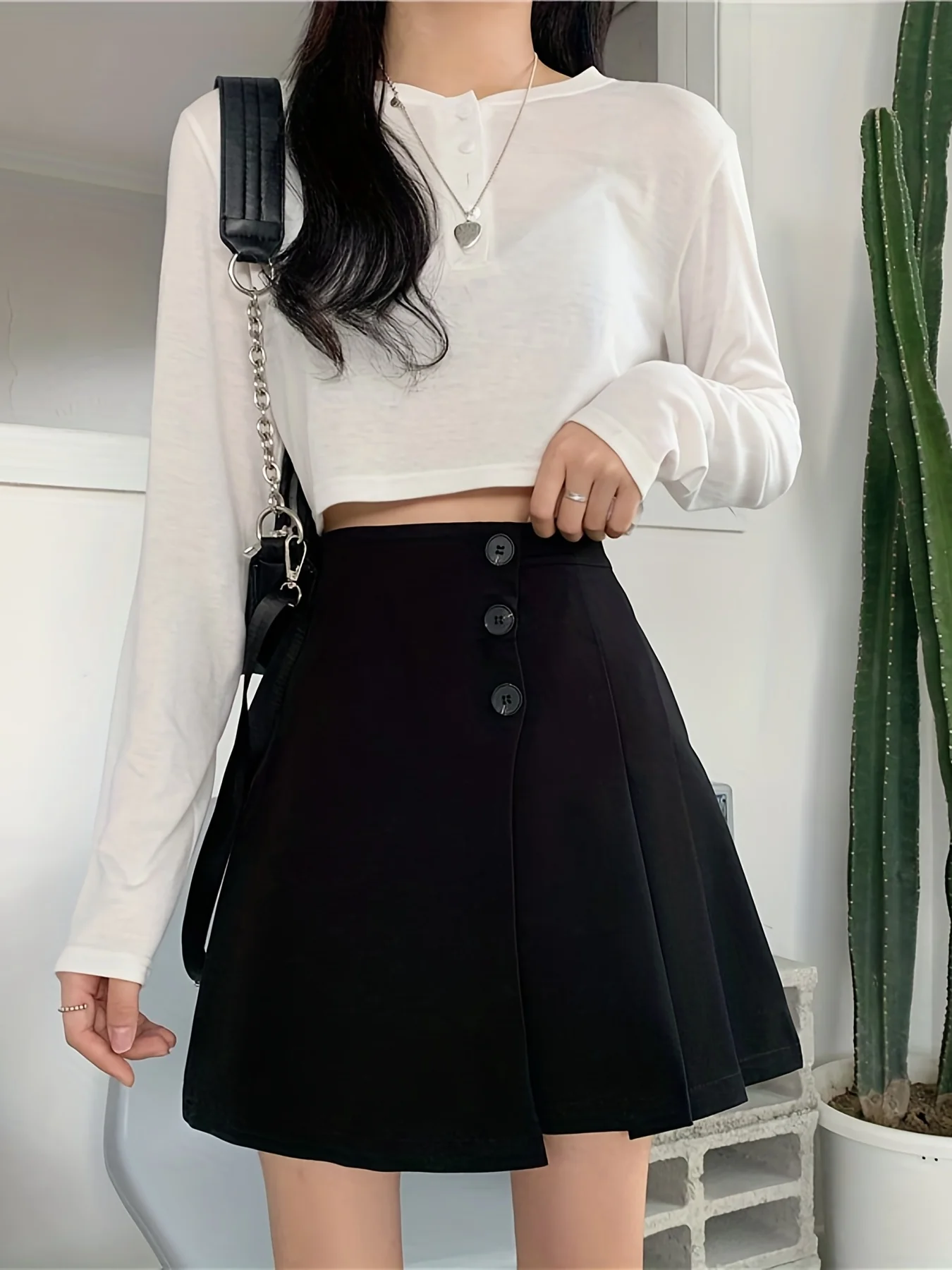 Preppy Button Front Pleated Hem Skirt, Casual Above Knee Skirt For Spring & Summer, Women's Clothing - Deanwangkt
