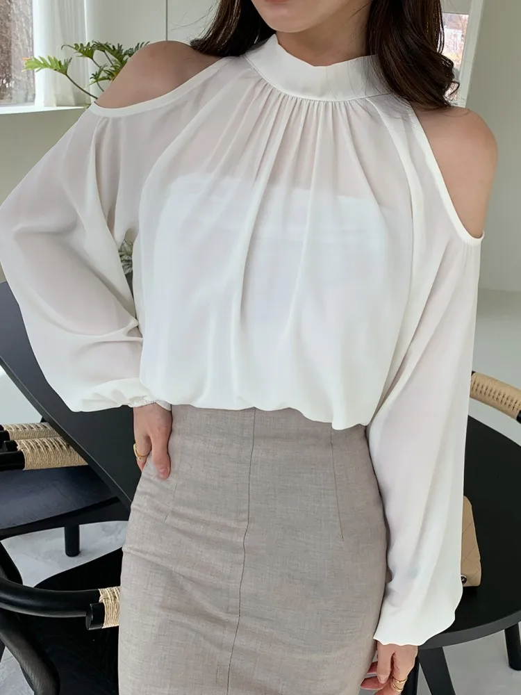 deanwangkt Fashion Woman Blouses Summer Shirts Chiffon Tops New Elegant Hollow Shoulder Back Lace Up Bow Full Sleeve Pullover Top - Deanwangkt