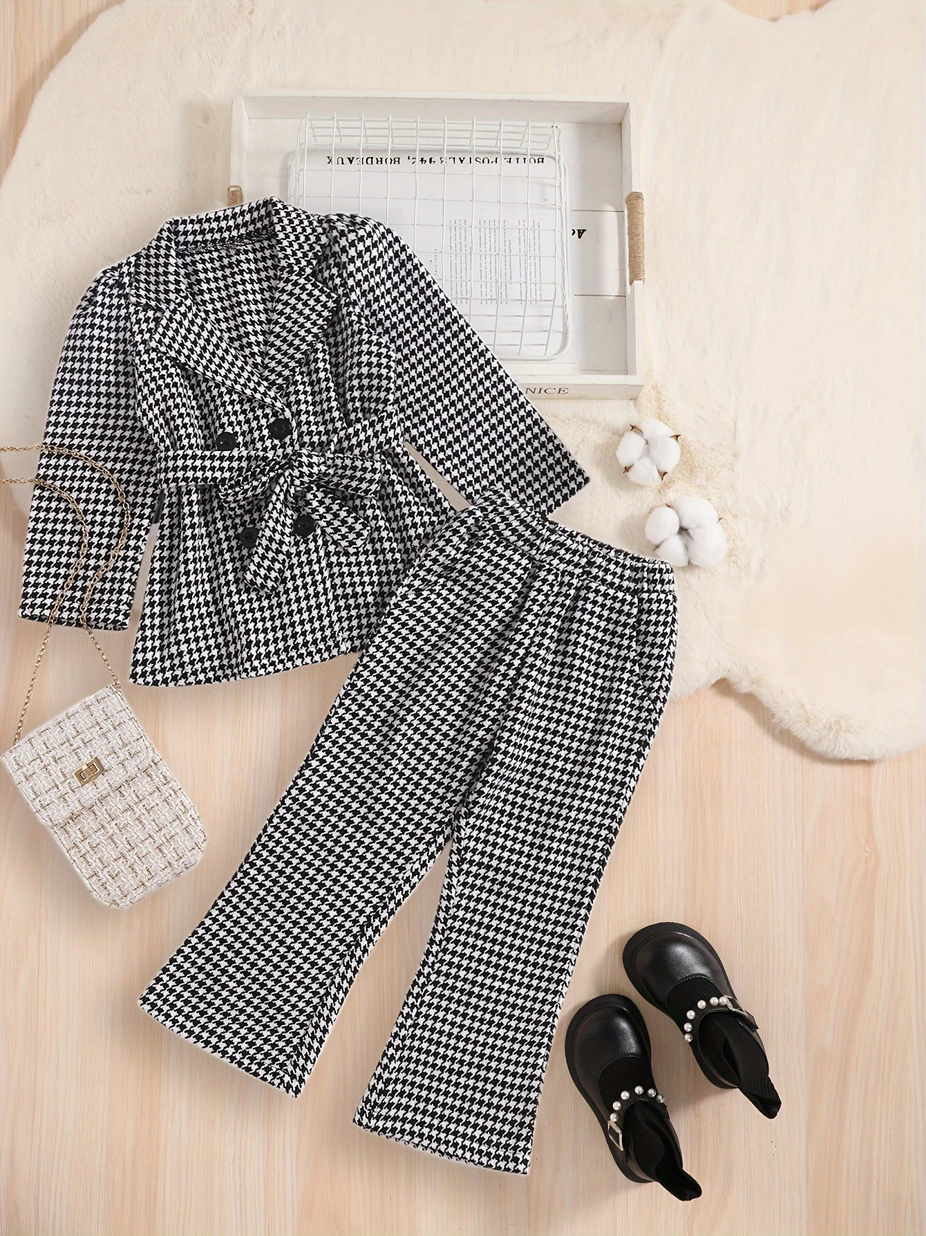Elegant Houndstooth Pattern Outfits 2pcs Girls Long Sleeve Blaze With Bow Belt + Flare Pants Kids Gift Christmas - Deanwangkt