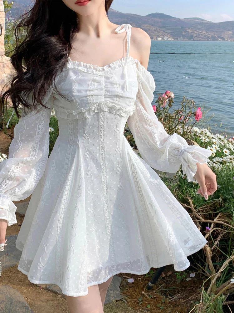 deanwangkt White Kawaii Sweet Dress Women Summer Korean Chic Elegant Party Mini Dress Fairy Casual Japanese Lolita Princess Cute Dress - Deanwangkt