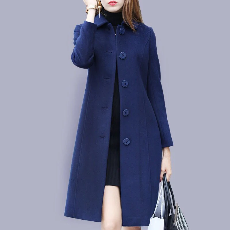 deanwangkt Fashion Ladies Wool Coat New Autumn Winter Mid-Length Single-Breasted Slim Blended Woolen Overcoat Red Blue Black Women Jacket - Deanwangkt