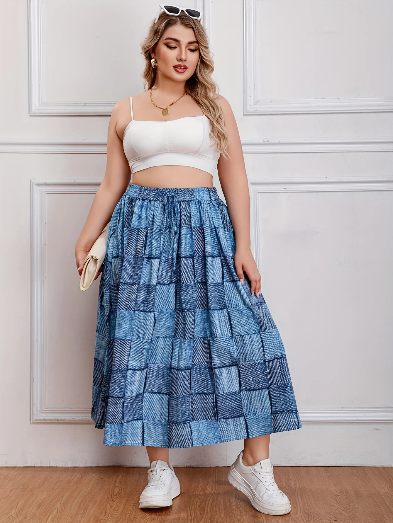 Plus Size Casual Skirt, Women's Plus Colorblock Denim Print Drawstring Elastic High Rise Slight Stretch Smock Maxi Skirt - Deanwangkt