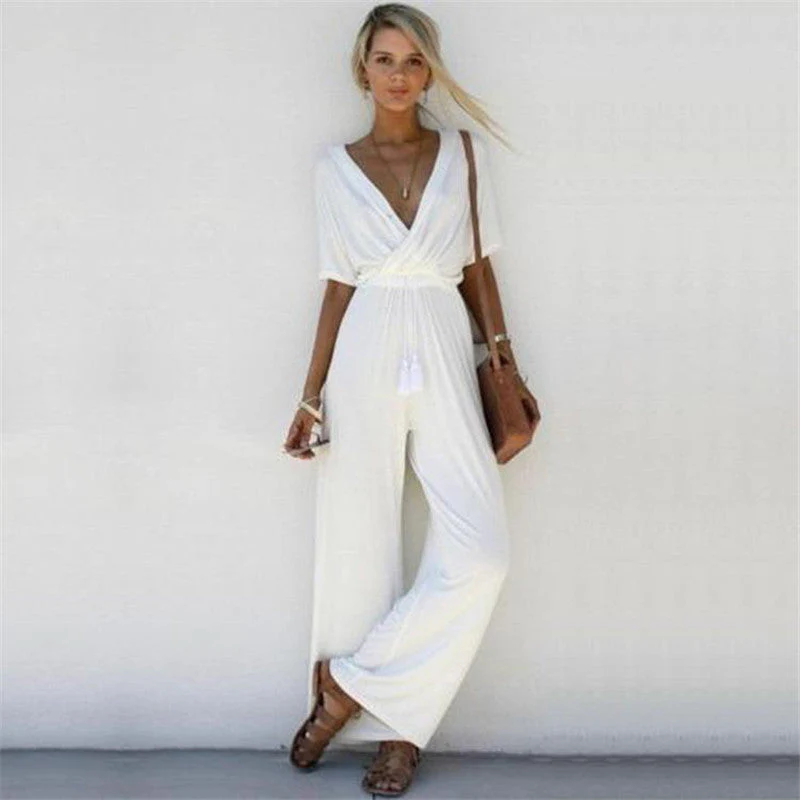 Women  Summer Loose Short Sleeve Casual Jumpsuit Ladies Elegant V-Neck Fashion Clubwear Wide Leg Slim Pants Trousers - Deanwangkt