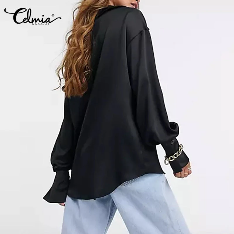 Women Satin Elegant Shirts  Fashion Long Sleeve Solid Tops Autumn Ladies Casual Lapel Collar Button Party Blouses - Deanwangkt