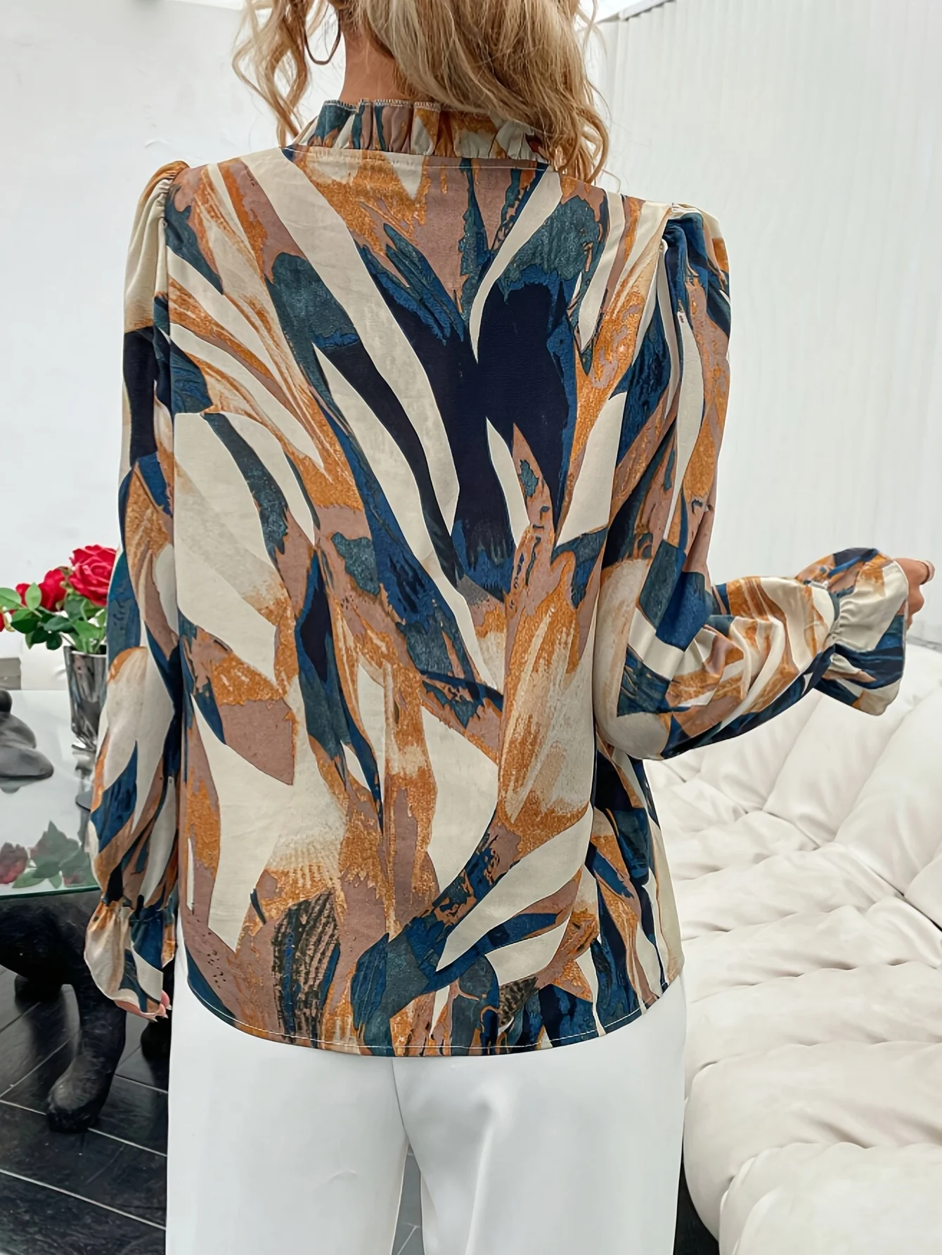 All Over Print V Neck Blouse, Elegant Long Sleeve Ruffle Trim Blouse, Women's Clothing - Deanwangkt