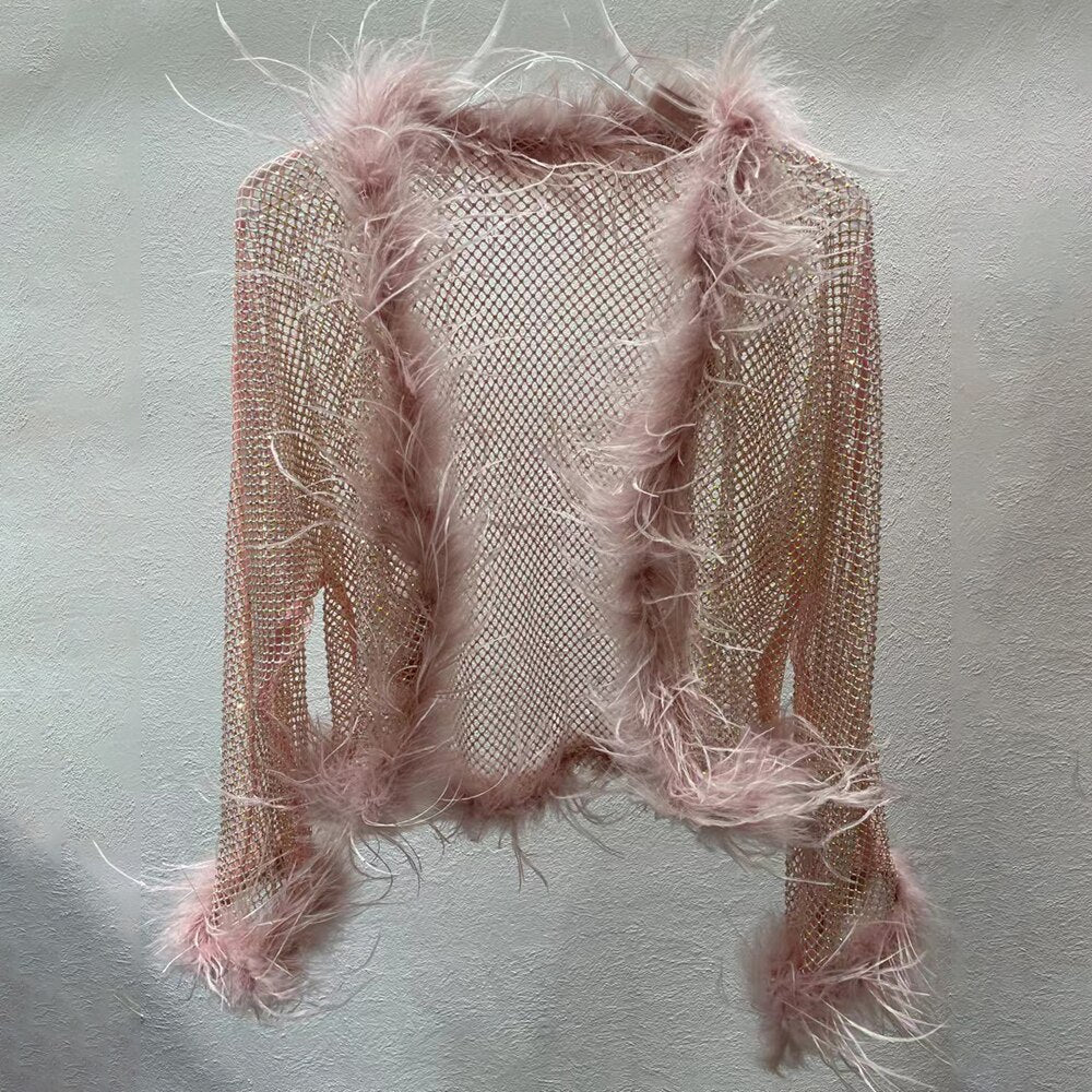 deanwangkt Sexy Diamonds Feathers Tassels Shirt For Women V Neck Long Sleeve Slim Open Stitch Blouses Female Autumn Clothing - Deanwangkt