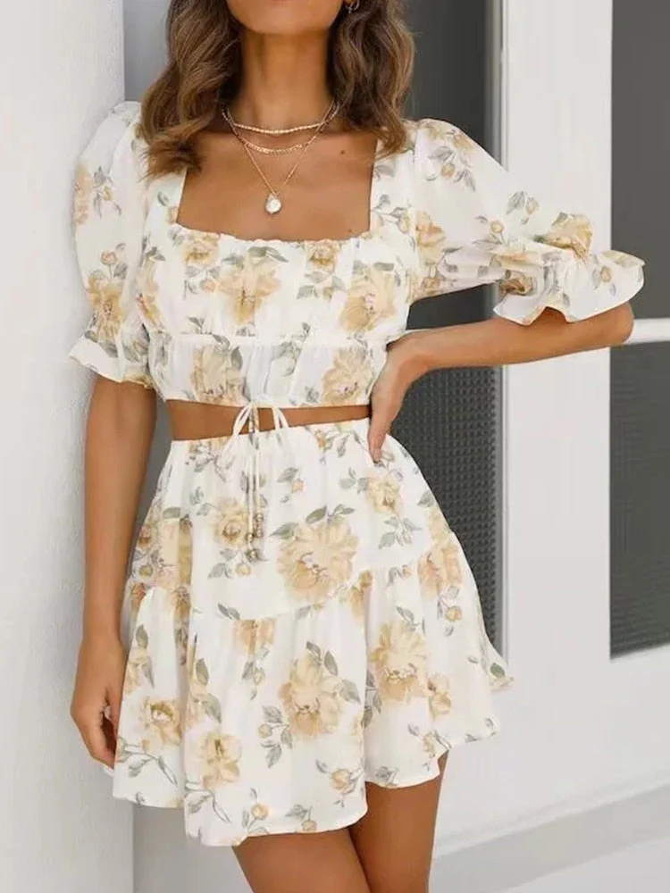 deanwangkt Retro Floral Print Women Summer Boho Dress Set Suits Vintage Blouse Two Pieces Matching Sets White Beach Mini Dress - Deanwangkt