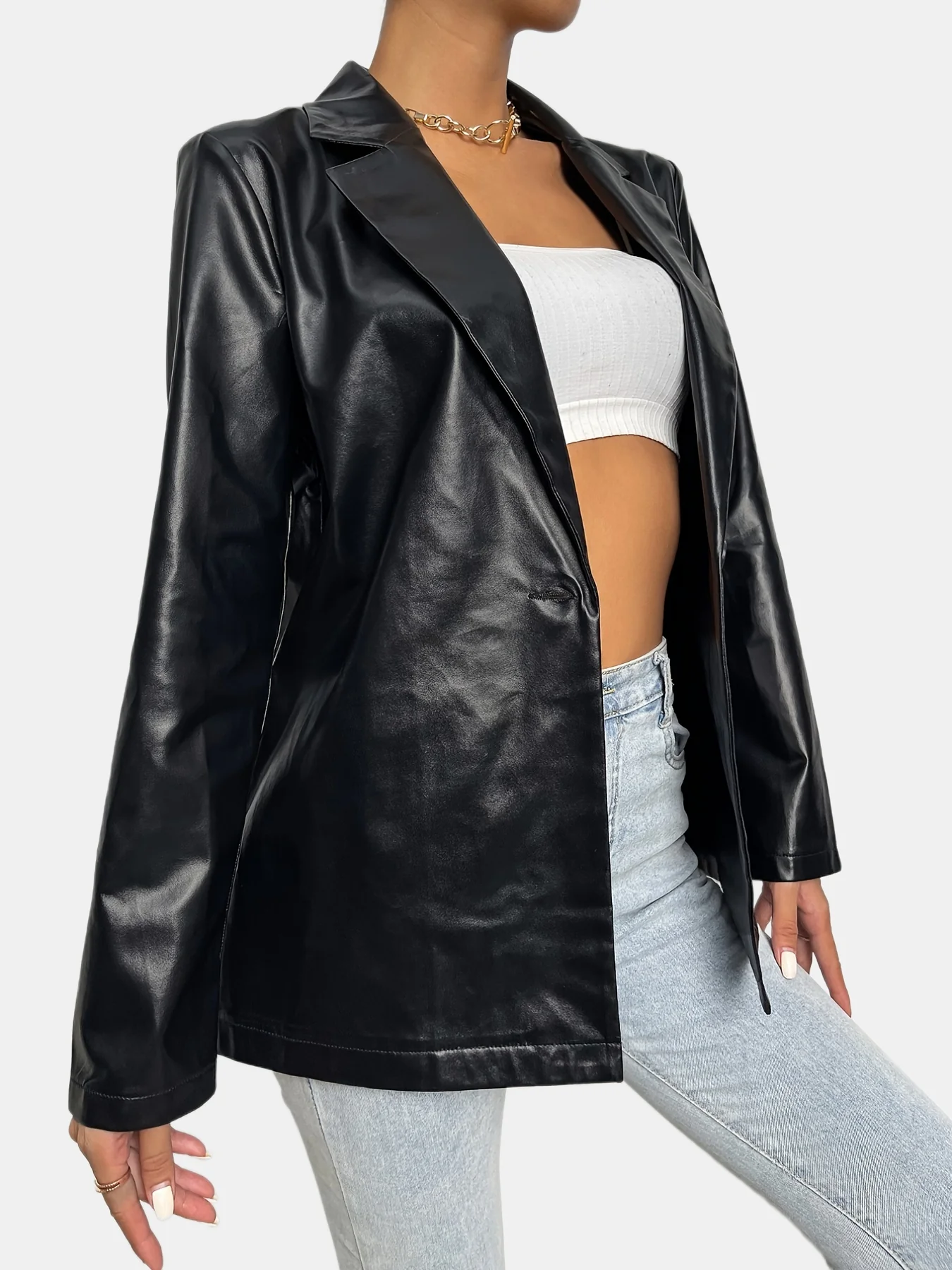deanwangkt-1  Solid Lapel Faux Leather Long Sleeve Jacket, Elegant Open Front Stylish Outerwear, Women's Clothing - Deanwangkt