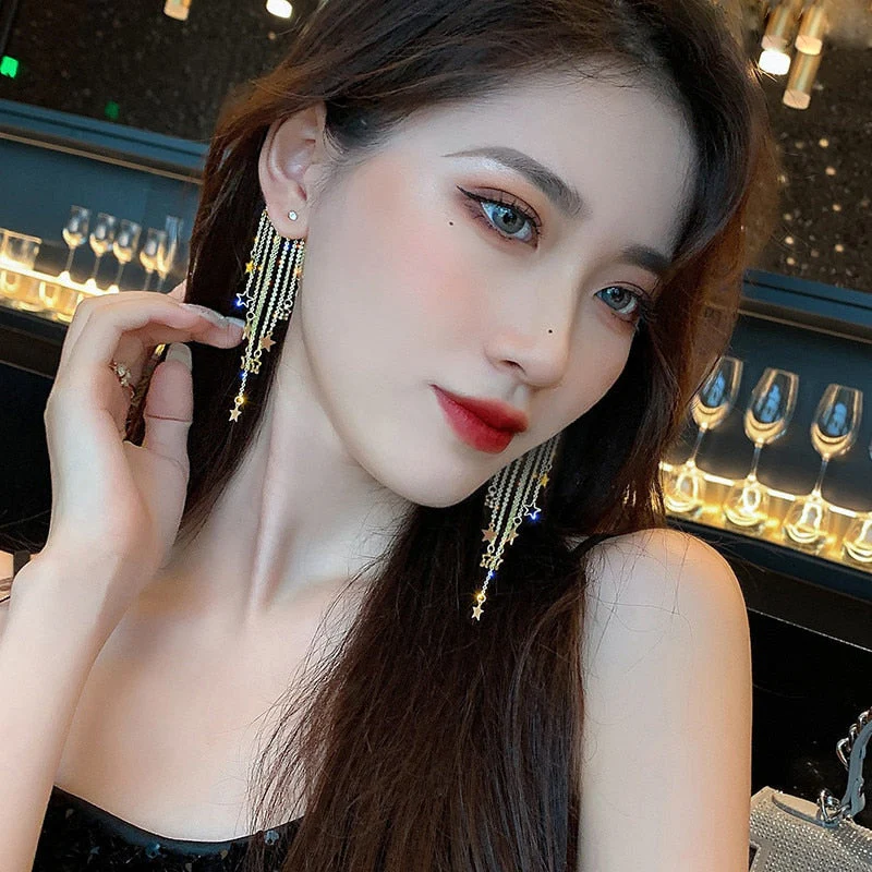 DEANWANGKT Fashion Stars Tassel Dangle Earrings for Women  New Korean Gold Color Metal Punk Long Chains Crystal Earings Femme Jewelry - Deanwangkt