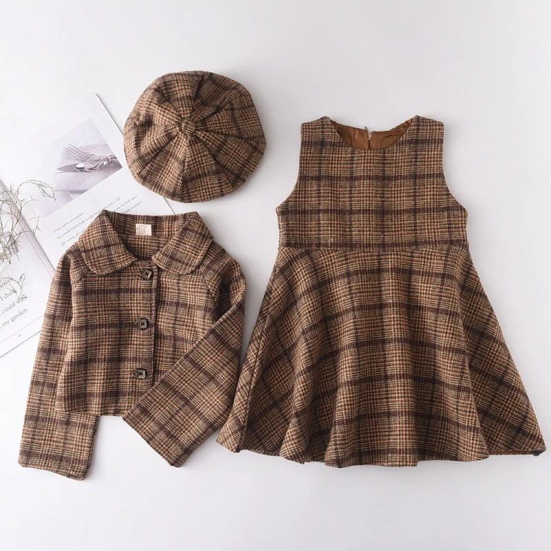 deanwangkt Baby Girl Clothes  Children Suits Korean Version Small Fragrance Girl Plaid Doll Collar Jacket + Love Vest Skirt 2Pcs Clothes Suit Wool Coat - Deanwangkt