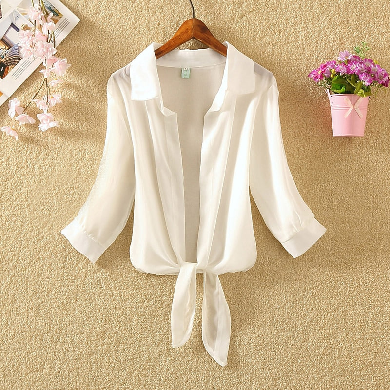 deanwangkt Summer Beach Shirts Sunscreen Chiffon Long Sleeve Cardigan Blouse White Shirt Elegant Women Blouses Bow Blusas 19869 - Deanwangkt