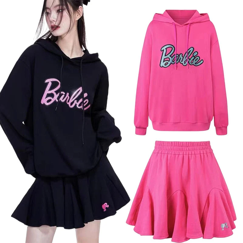 Joskka Barbie Inspired Outfits New Pure Cotton Barbie Drill Loose Sweater Dress Suit Y2K Girls Hooded Sweatshirt Pleated Skirt Fashion Girls Gifts - Deanwangkt
