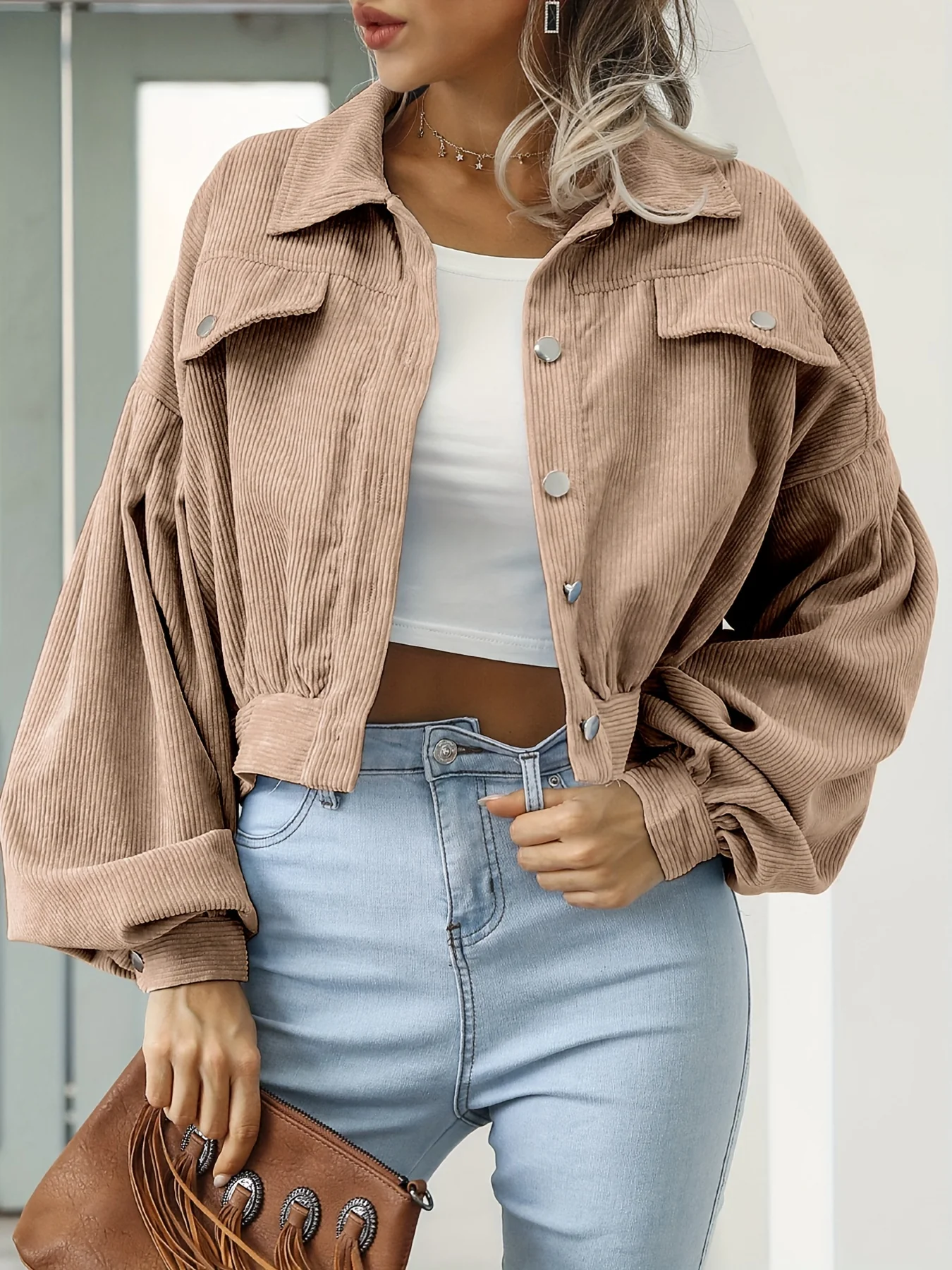 Casual Corduroy Crop Jacket, Lapel Lantern Long Sleeve Fashion Loose Crop Outerwear, Women's Clothing - Deanwangkt