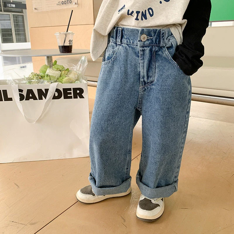 deanwangkt Spring Unisex Kids fashion all-match straight jeans 1-8Years boys trousers girls loose denim pants - Deanwangkt
