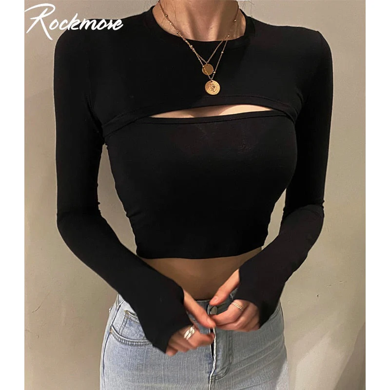 Graduation Gifts Sexy Hollow Out T Shirt and Cami Crop Top Womens Harajuku Long Sleeve Streetwear Basic Women Tight Tees 2 Piece Suit - Deanwangkt