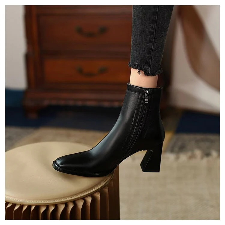deanwangkt Ankle Boots for Women Square Toe Fashion Shoes Autumn Winter Short Boots Zipper Square Heels Comfortable Lady Shoes - Deanwangkt