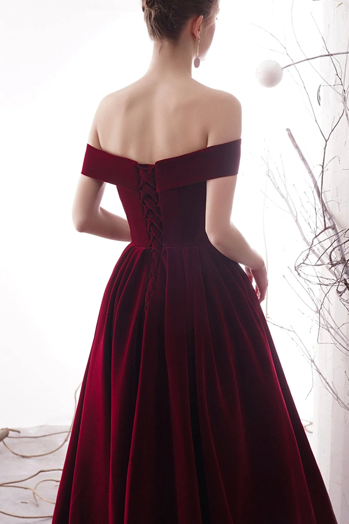 solvbao Burgundy Velvet Long Prom Dresses, Off the Shoulder Evening Dresses - Deanwangkt