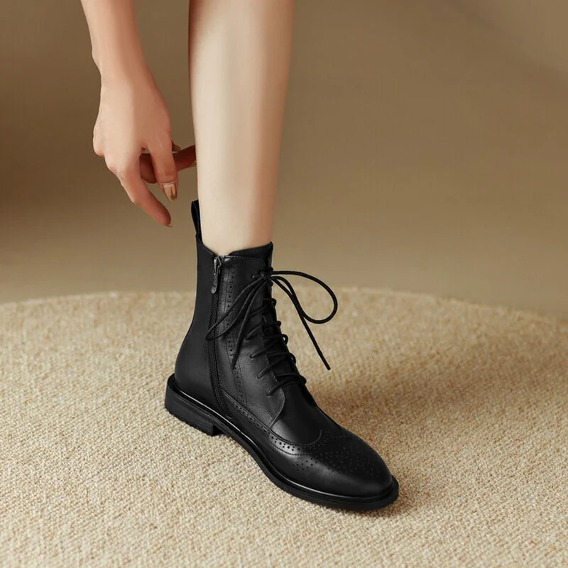 deanwangkt  fashion inspo    NEW Fall Shoes Women Round Toe Low Heel Shoes Winter Solid Genuine Leather Boots Women Hollow Brogues Ankle Boots Chelsea Boots - Deanwangkt