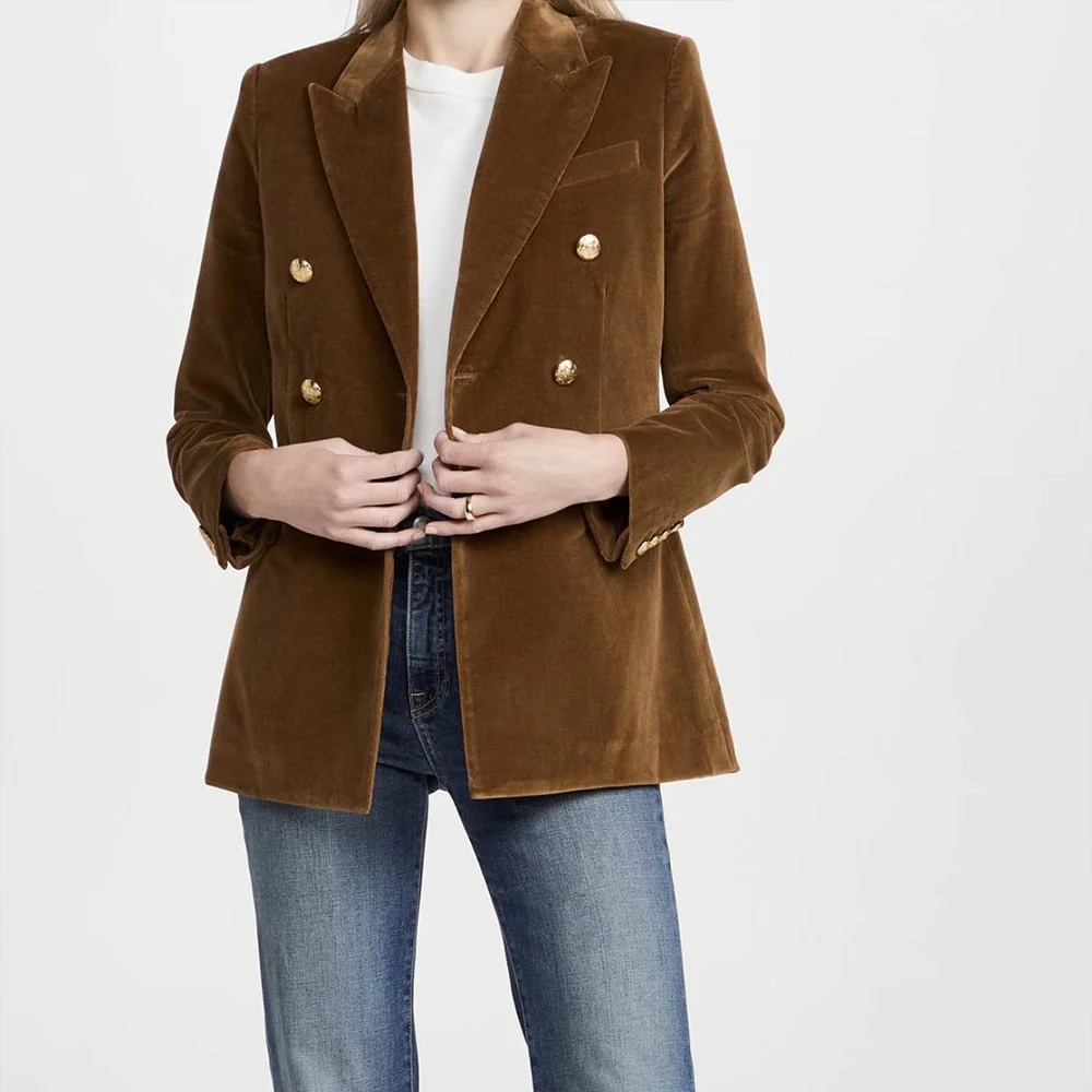 deanwangkt Women's Autumn Coat Velvet Double-breasted Long-sleeved Suit Fashion All-match Casual Solid Color Female Blazer Mujer - Deanwangkt