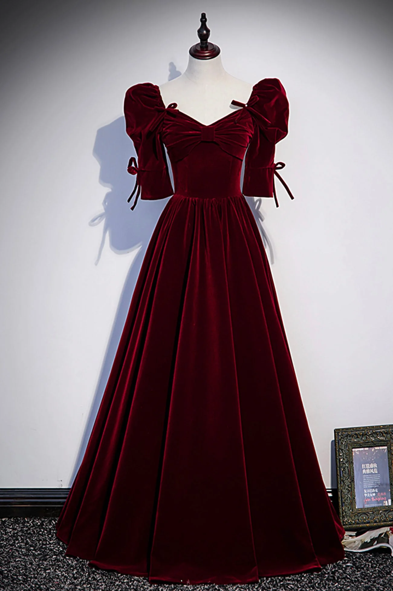 solvbao Burgundy Velvet Long Prom Dresses, A-Line Short Sleeve Evening Dresses - Deanwangkt