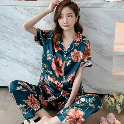 Newest Silk Pajamas for Women Sweet Leopard Pyjamas Woman Elegant Short Sleeve Long Pant Homewear Ladies Sleepwear Sets - Deanwangkt
