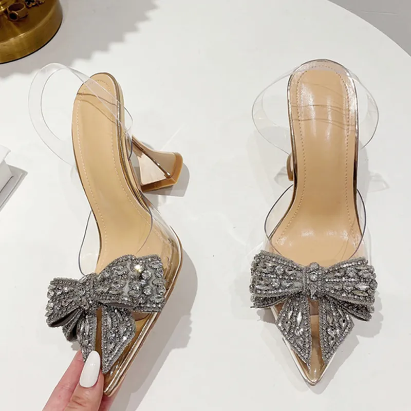 deanwangkt Fashion Crystal Sequined Bowknot Women Pumps Sexy Pointed Toe High Heels Wedding Prom Shoes Ladies PVC Transparent Sandals - Deanwangkt