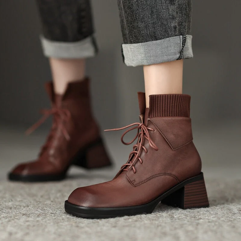 deanwangkt  Autumn Shoes   NEW Fall Shoes Women Genuine Leather Ankle Boots Round Toe Chunky Shoes for Women Winter Thick Heel Boots Lace Up Black Boots - Deanwangkt