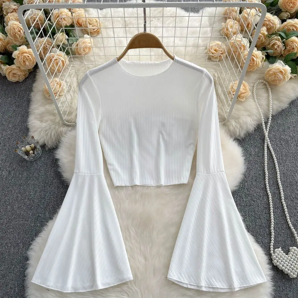 deanwangkt Elegance Casual Fashion Flared Sleeve Short O-neck Slim T-shirt And Blouses Top Summer Autumn Clothes For Woman Basics - Deanwangkt