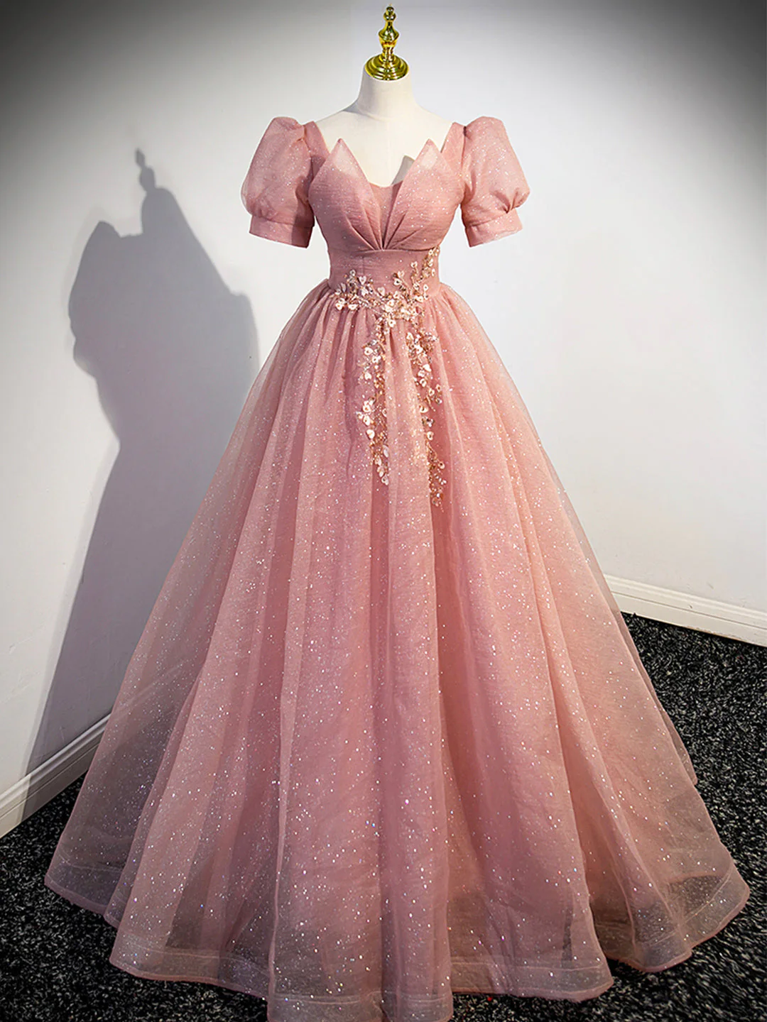 solvbao Pink Tulle Floor Length Prom Dress with Short Sleeve, Beautiful A-Line Evening Dress - Deanwangkt