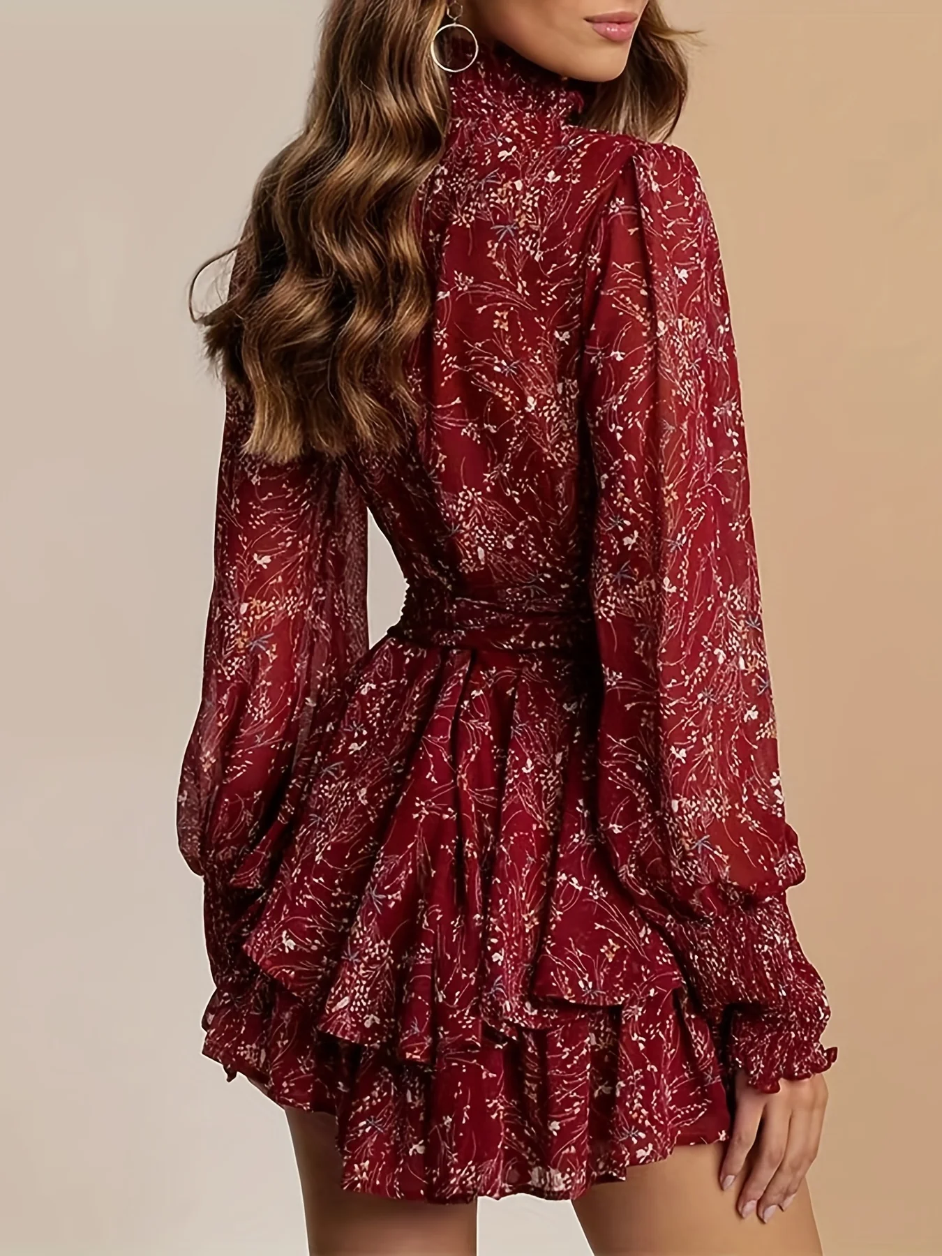 Floral Print High Neck Dress, Elegant Layered Ruffle Long Sleeve Dress, Women's Clothing - Deanwangkt